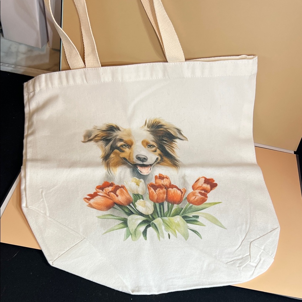 Canvas Tote Bag with Dog and Tulip Print